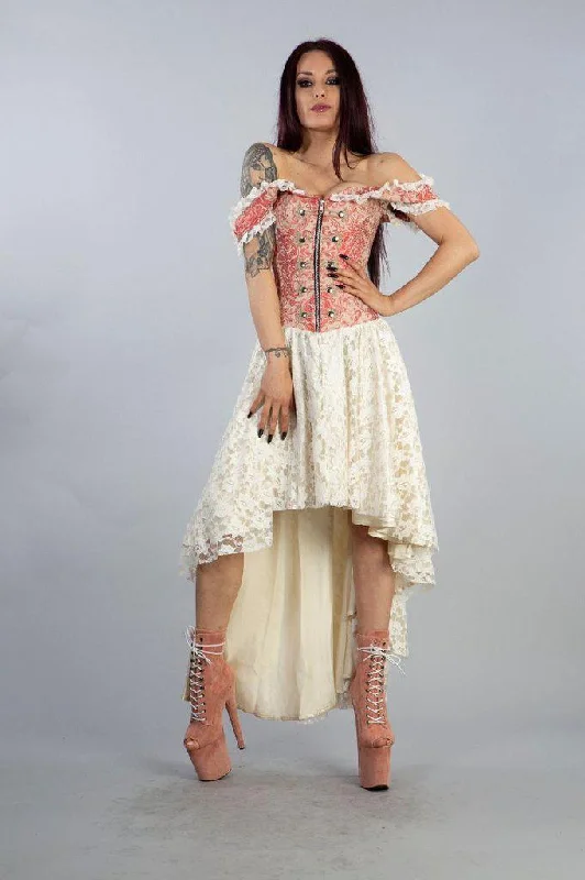 high-waisted dressGypsy High Low Victorian Corset Dress In Coral Cream Jacquard