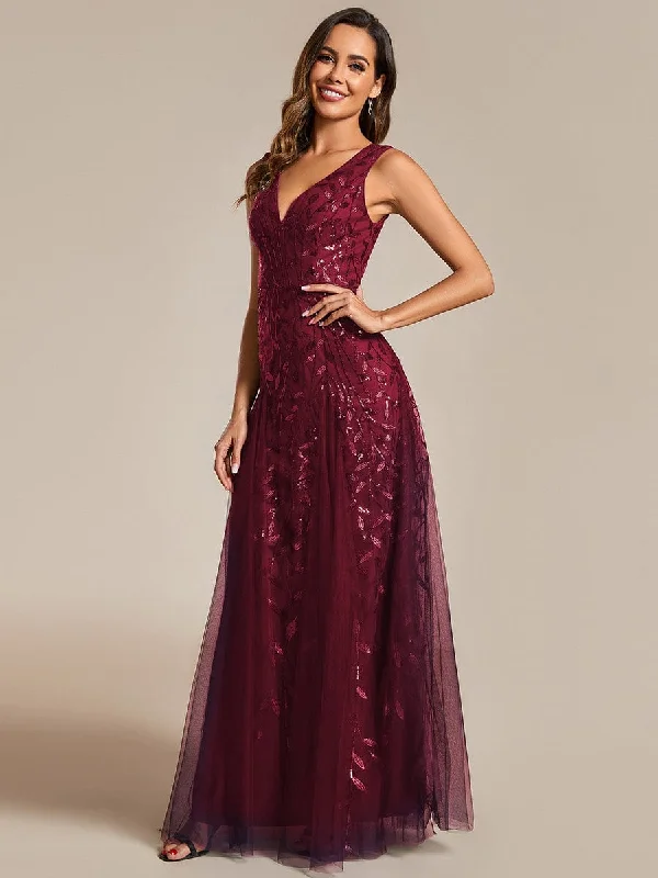 printed dressOla | V-Neck Leaf Sequin Sleeveless A-Line Formal Evening Dress with Tulle