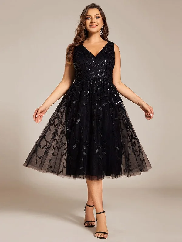 off-the-shoulder dressCoco | Plus Size Sleeveless Leaf Sequin A-Line Midi Wedding Guest Dress