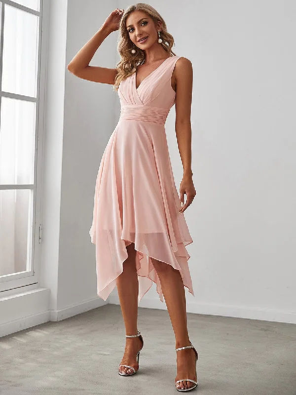 party dressV Neck Ruched Asymmetrical Hems Midi Chiffon Bridesmaid Dress