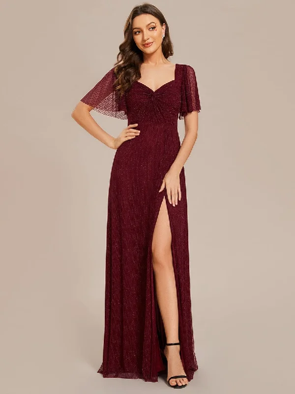 luxury dressGlittery A-Line High Slit Elastic Waist Short Sleeves Back Lace-Up Bridesmaid Dress