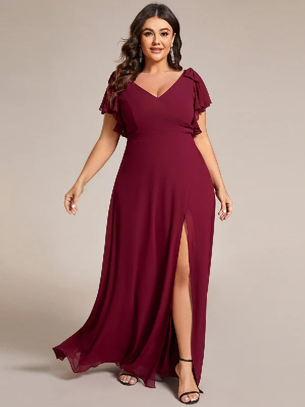 elegant dressGloria | Plus Size Split Ruffles Sleeves with Bowknot Double V-neck Chiffon Bridesmaid Dress