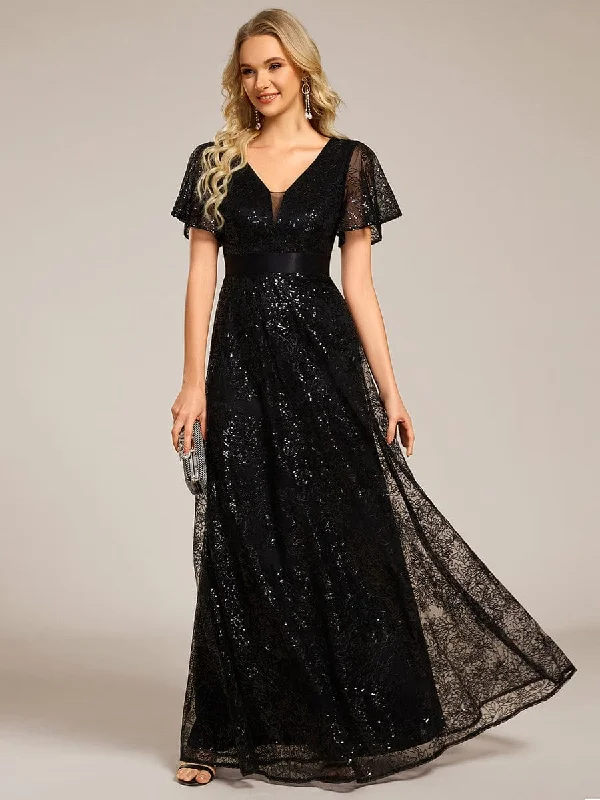 long-sleeve floral dressIllusion V-neck Short Sleeve Sequin Formal Maxi Dress