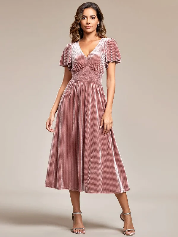 casual day dressGraceful V-Neck Waist Design Short Sleeves Fall Velvet Midi Bridesmaid Dress