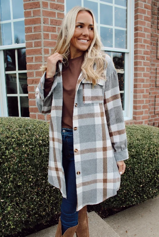 casual trench coatFalling For Flannel Plaid Shacket in Grey