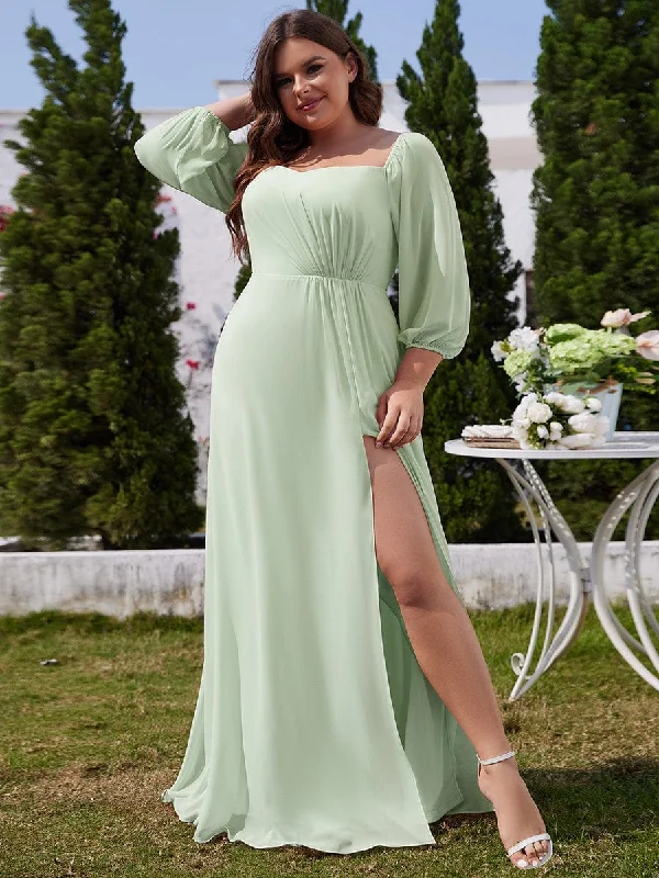 tiered dressClio | Plus Size High-Slit Waist Pleated Bridesmaid Dress with Long Sleeves