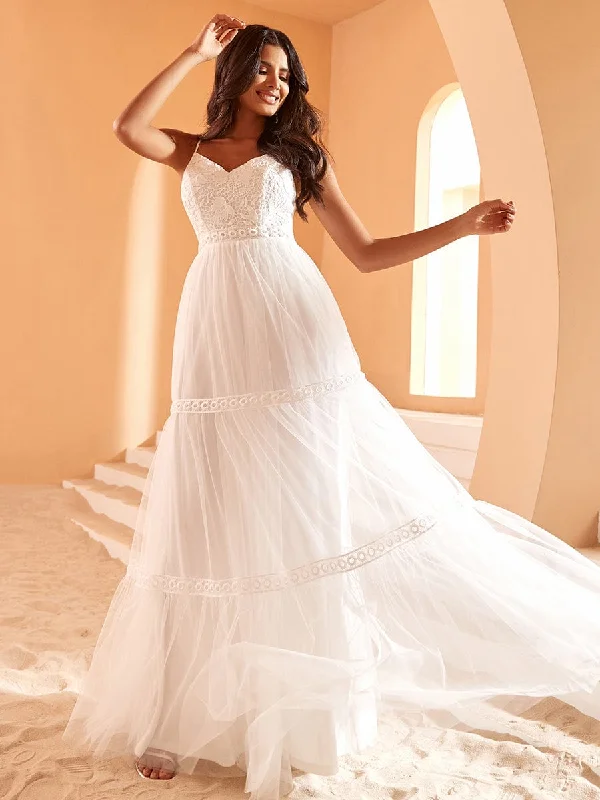 chic shift dressSpaghetti Strap Lace Embroidery A-Line Tulle Romantic Wedding Dress