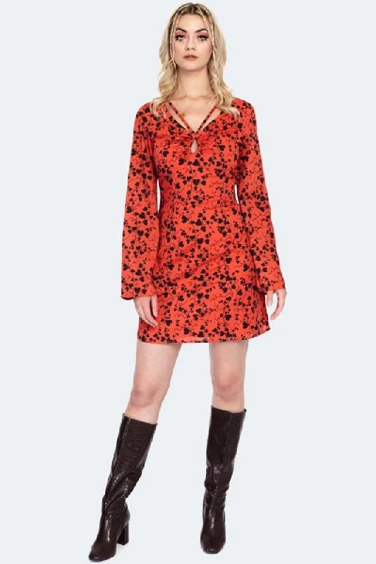 comfy dress60s Bleeding Hearts Print Flare Sleeve Mini Dress