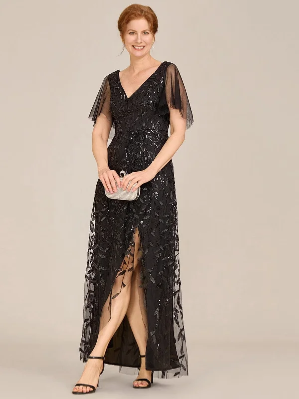 bohemian dressShort Sleeves Sequin High Low V-Neck Midi Mother of the Bride Dress