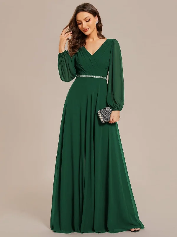 playful dressClara | Pleated Double V-Neck Long Sleeves Shiny Belt Chiffon Evening Dress