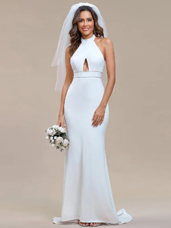 vintage-inspired dressHalter Hollow Out Sleeveless Waist Detail Mermaid Wedding Dress