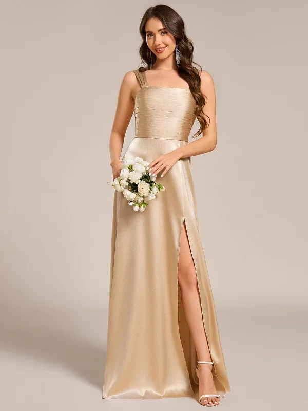 wrap dressSquare Neck Satin Maxi Bridesmaid Dress with Front Slit