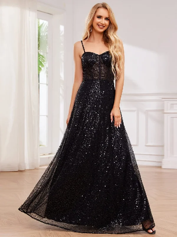 trendy bodycon dressElegant Sequin Spaghetti Strap See-Through Formal Evening Dress