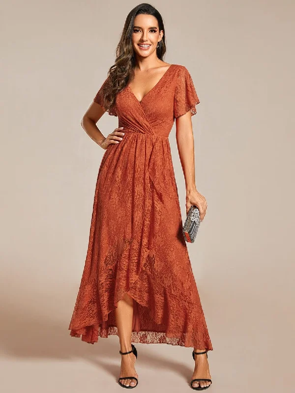 flowy maxi dressPleated V-Neck Short Sleeve Ruffled Lace Formal Evening Dress