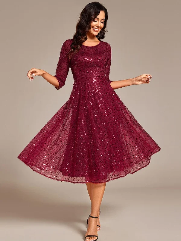 summer dress3/4 Sleeve Sparkly Sequin Round Neck Midi Wedding Guest Dress