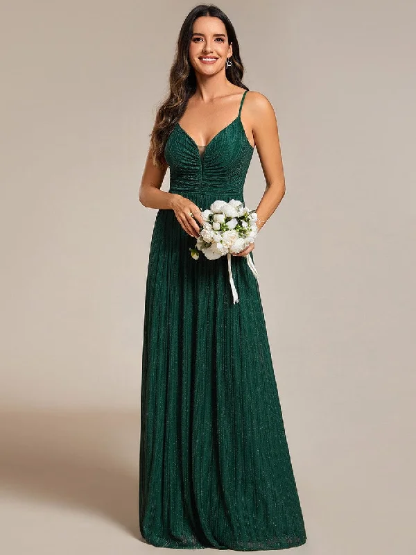 elegant evening dressHigh-Waisted Glittering Spaghetti Straps Formal Evening Dress with Pleated