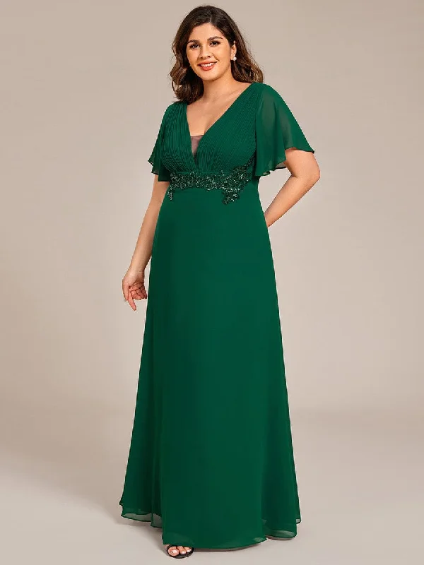 off-shoulder dressGrace | Plus Size Short Sleeve Waist Applique V-Neck Maxi Formal Evening Dress