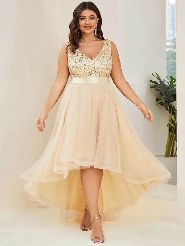 wrap-around dressAbia | Plus Size Sleeveless Sequin Ribbon Waist Tulle High Low Evening Dress