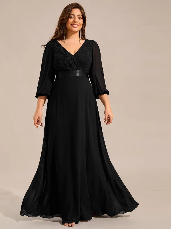 chic shift dressWarm Monica | Plus Size Empire Waist Pleated Chiffon Long Sleeves Formal Evening Dress