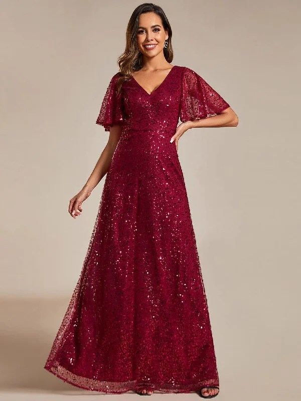 spaghetti strap dressDana | Shimmering All Over Sequin Short Sleeves A-Line Formal Evening Dress