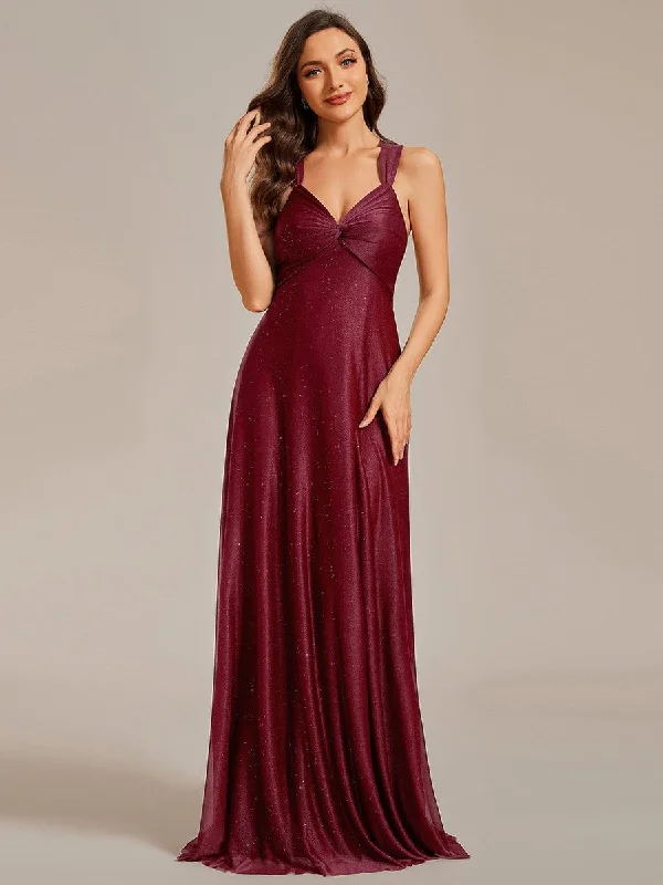 A-line dressGlittery Pleated V-neck Adjustable Back Lace-Up Sleeveless Bridesmaid Dress