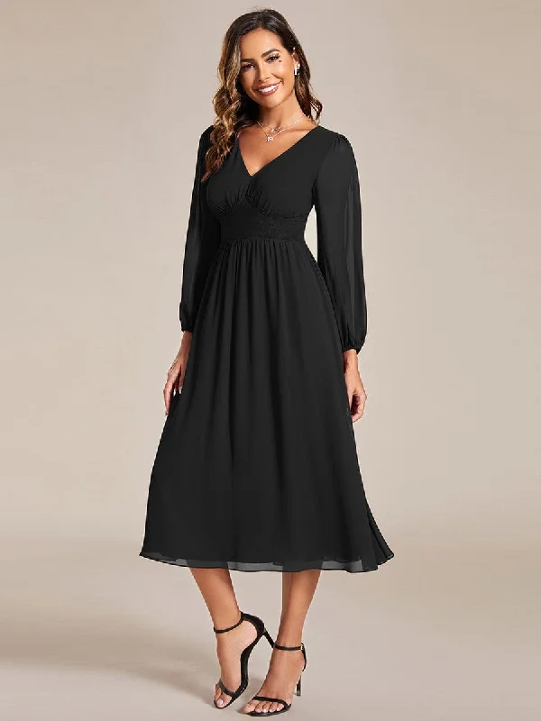 velvet dressChiffon V-Neck Long Sleeves Elastic Band Midi Wedding Guest Dress