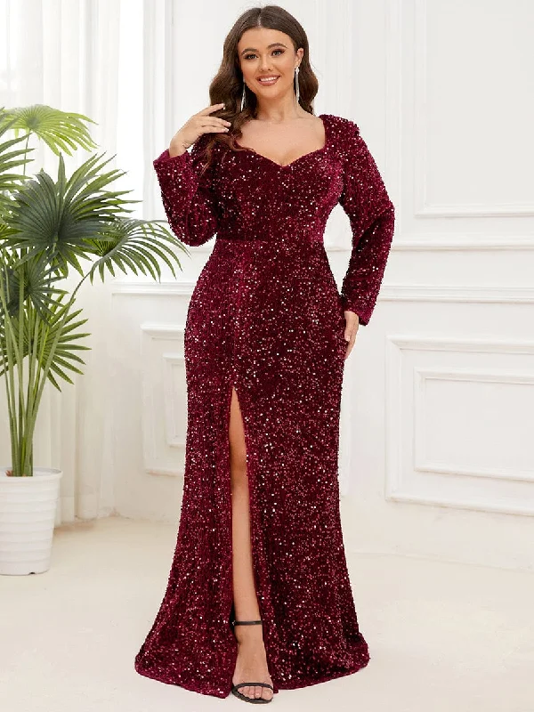 flowy evening dressCustom Size Long Sleeve Sequin Front Slit Bodycon Evening Dress