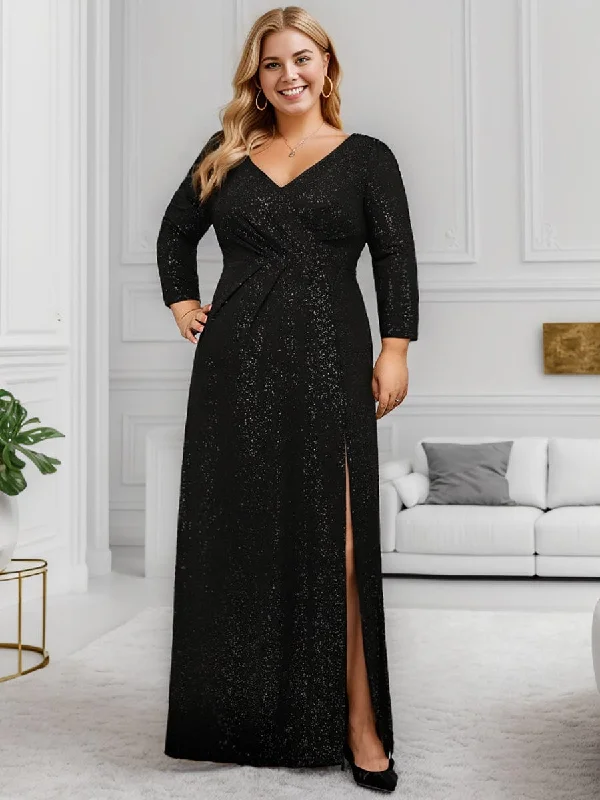 pleated dressPlus Size Sparkling Long Sleeves Double V-Neck Sequin Evening Dress