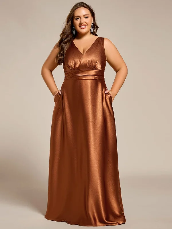 bodycon dressPlus Size Satin Empire Waist Maxi Bridesmaid Dress with Pockets