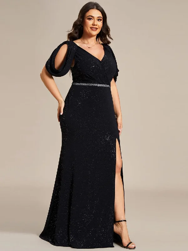 casual shift dressPlus Size Sparkly Glitter Cold Shoulder Shiny Belt Backless Evening Dress