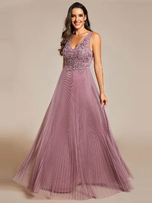 tiered dressExquisite Applique Embroidery Bodice Sleeveless A-Line Tulle Evening Dress