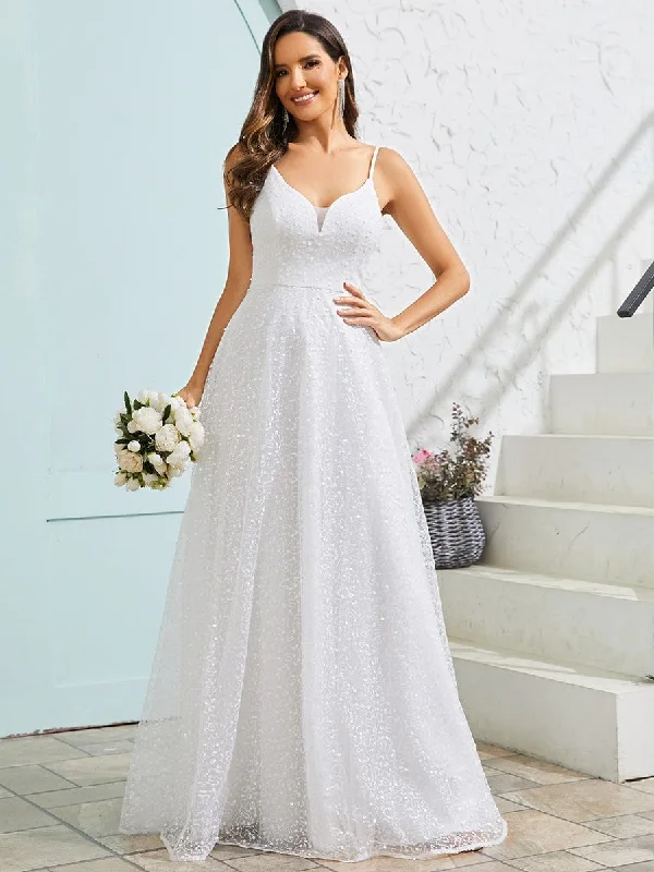 classic fit-and-flare dressSleeveless V-Neck Paillette Tulle Backless A-Line Wedding Dress