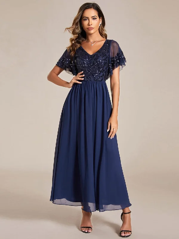 draped dressElegant V-Neck Sequin A-Line Short Sleeves Chiffon Midi Formal Dress