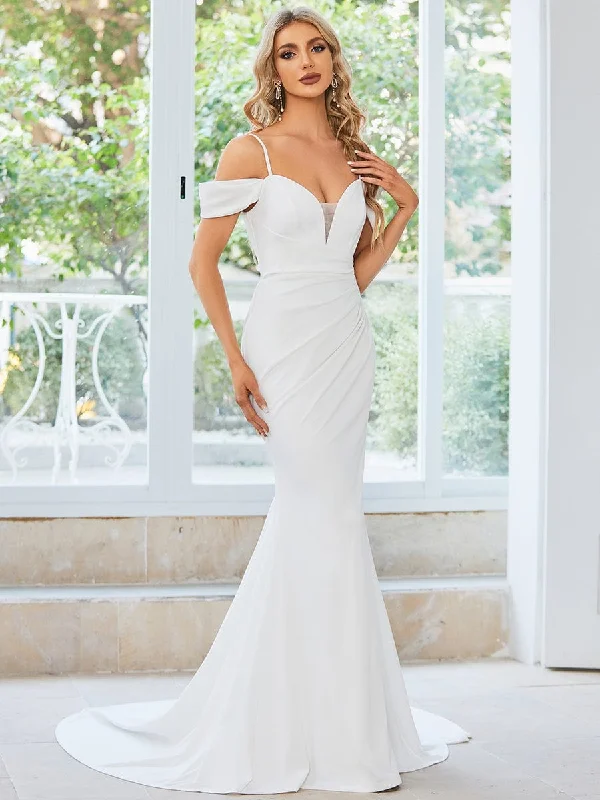 chic dressSpaghetti Strap Mermaid Pleated Deep V-Neck Wedding Dress