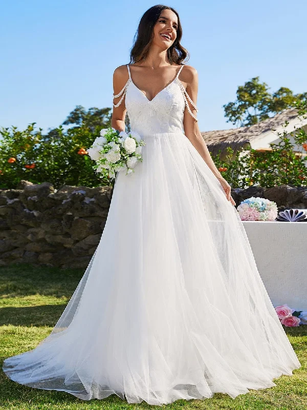 fitted cocktail dressA-Line Pearl Spaghetti Strap Embroidered Tulle Wedding Dress with V-Neck