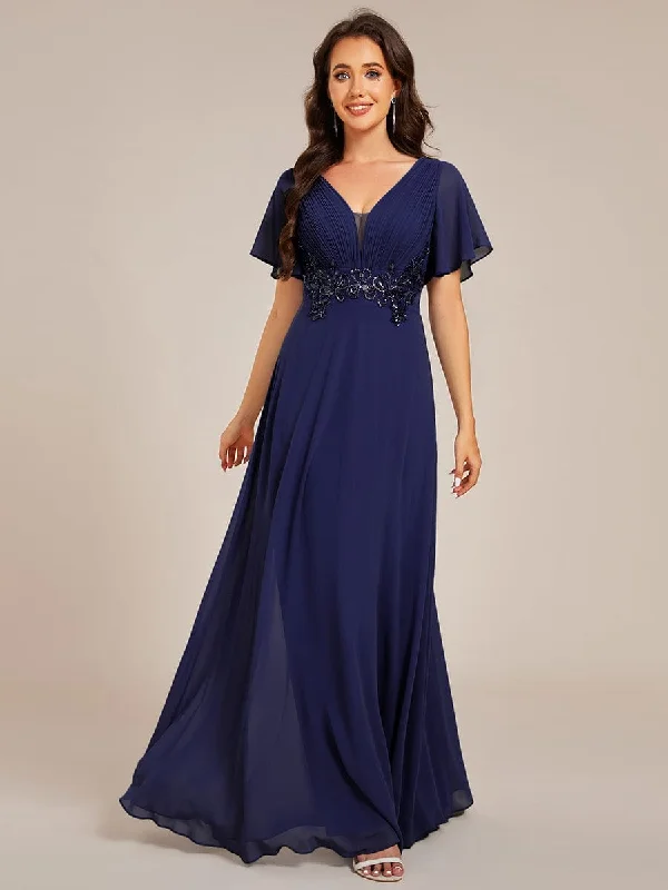 evening dressGrace | Elegant Pleated Short Sleeve Deep V-Neck Maxi Formal Evening Dress