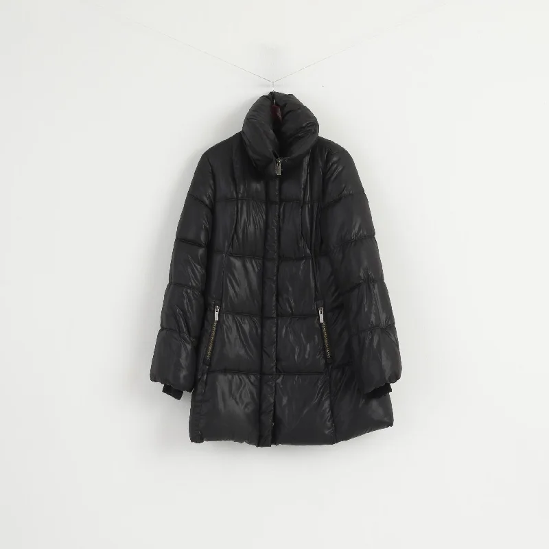 oversized coat365 Sunshine Women 42 Coat Black Padded Puffer Full Zipper Winter Nylon Long Jacket