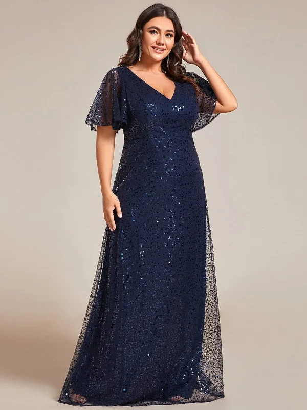 sleek dressDana | Plus Size See-Through Short Sleeves Maxi Sequin Formal Evening Dress