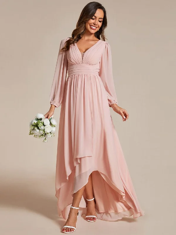 elegant dressA-Line Pleated See-Through Long Lantern Midi Chiffon Bridesmaid Dress