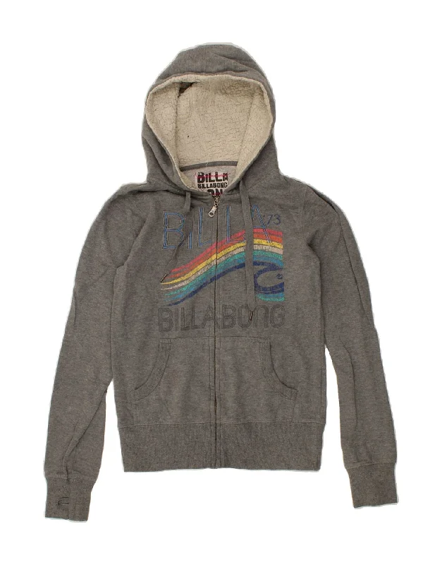 BILLABONG Womens Graphic Zip Hoodie Sweater UK 10 Small Grey Polyester