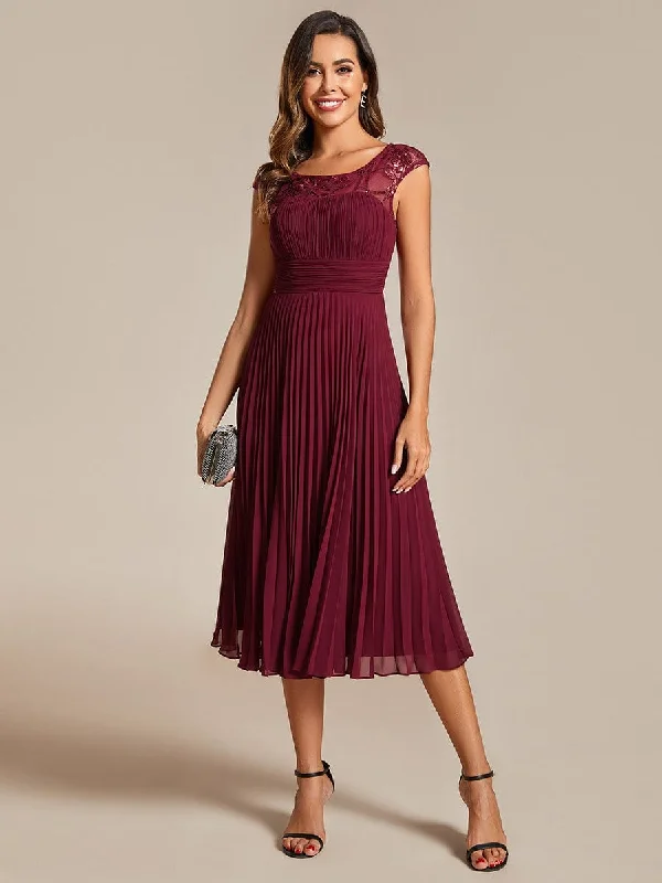 floral dressA-Line Pleated Chiffon Wedding Guest Dress with Round Neckline and Cap Sleeves