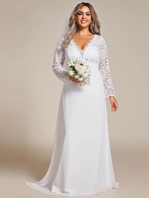 v-neck dressNola | Plus Size Lace Long Sleeves Eyelash Edge Bodycon Mermaid Chiffon Wedding Dress