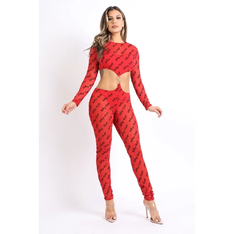 wrap dressLettering Printed Cutout Double ORing Mesh Sexy Jumpsuit Red