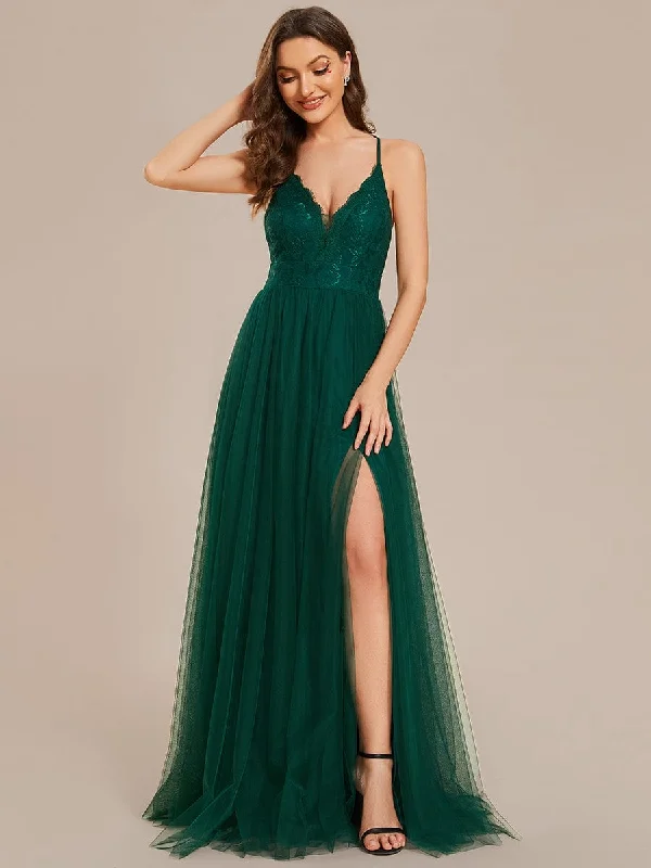 high-waisted dressSpaghetti Straps Cross-Back Lace Top A-Line High Slit Tulle Bridesmaid Dress