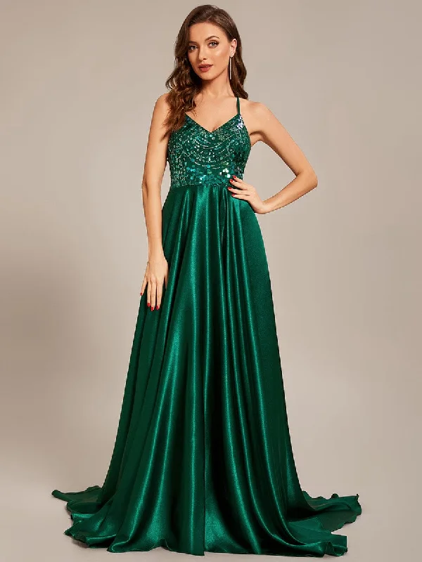 bohemian dressCustom Size V-neck Glitter Sequin Halter Long Prom Dress