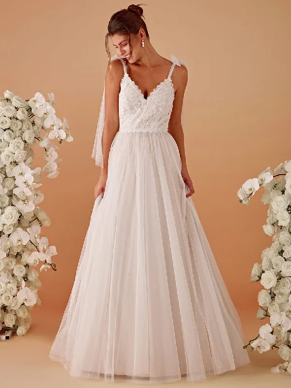 casual dressRomantic Lace and Tulle Tie-Shoulder Wedding Dress