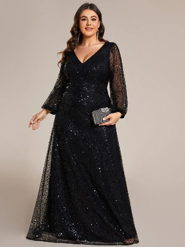 ashionable dressPlus Size V-Neck Lantern Long Sleeve Sequin A-Line Evening Dress