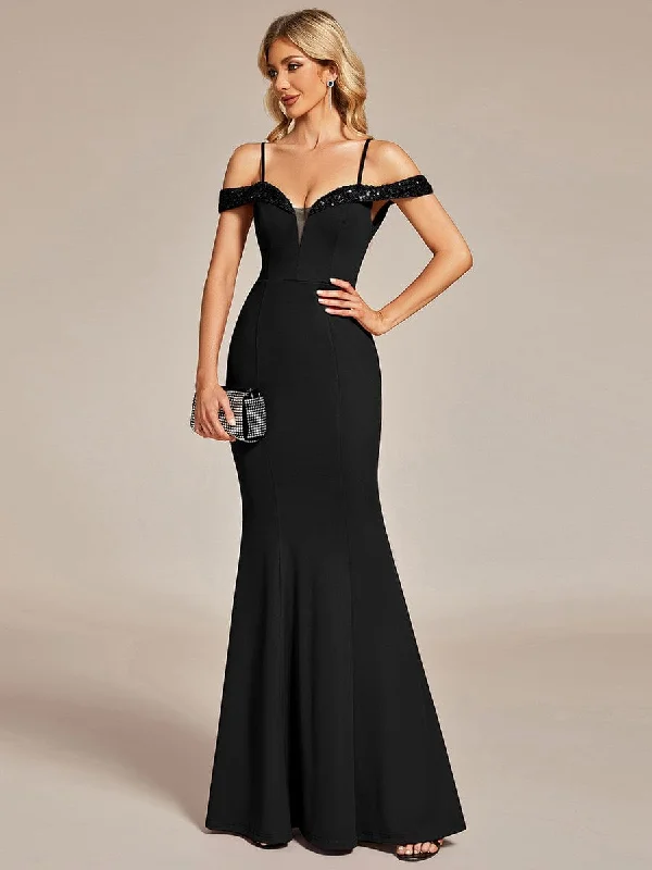 classic fit-and-flare dressElegant Sequin Sleeve Evening Dress with Spaghetti Straps