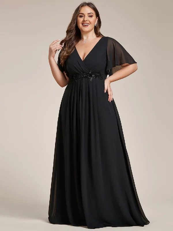 stylish dressGentle Iris | Plus Size Floral Applique Short Sleeve A-Line Chiffon Formal Evening Dress