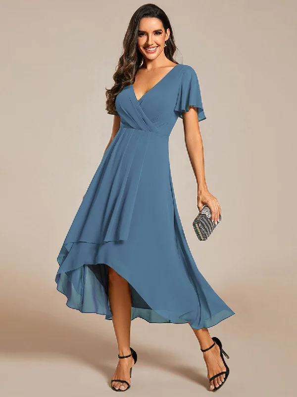 ashionable dressLana | Pleated Chiffon Ruffles Sleeve Midi Evening Dress